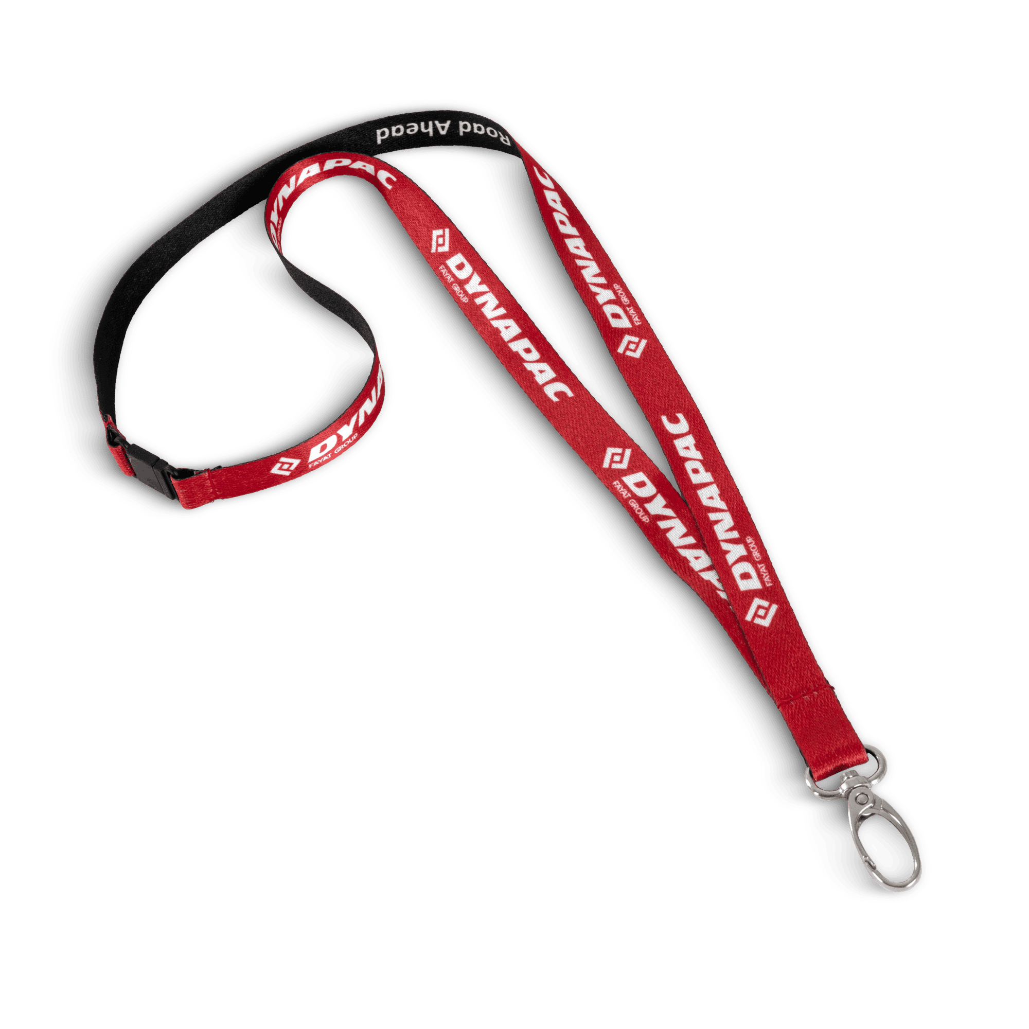 red and black dynapack lanyard with white logo