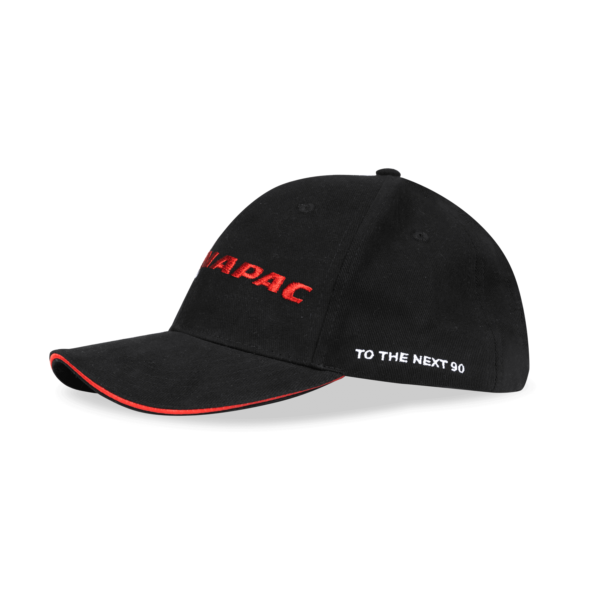 black cap with dynapac logo in white and red from side